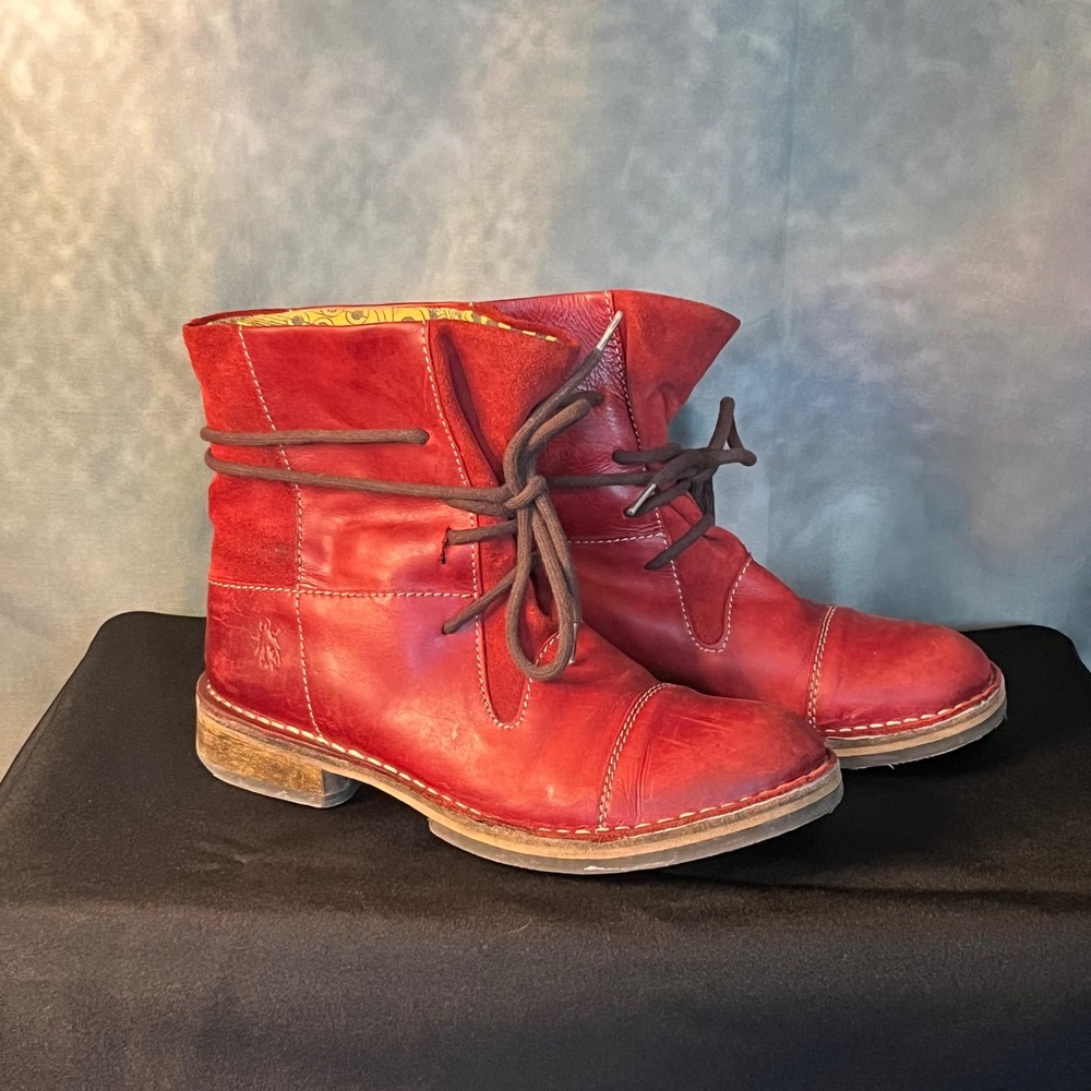 Fly London Leather Ankle Boots Red Lace Up Low Heel Comfortable Womens Shoes